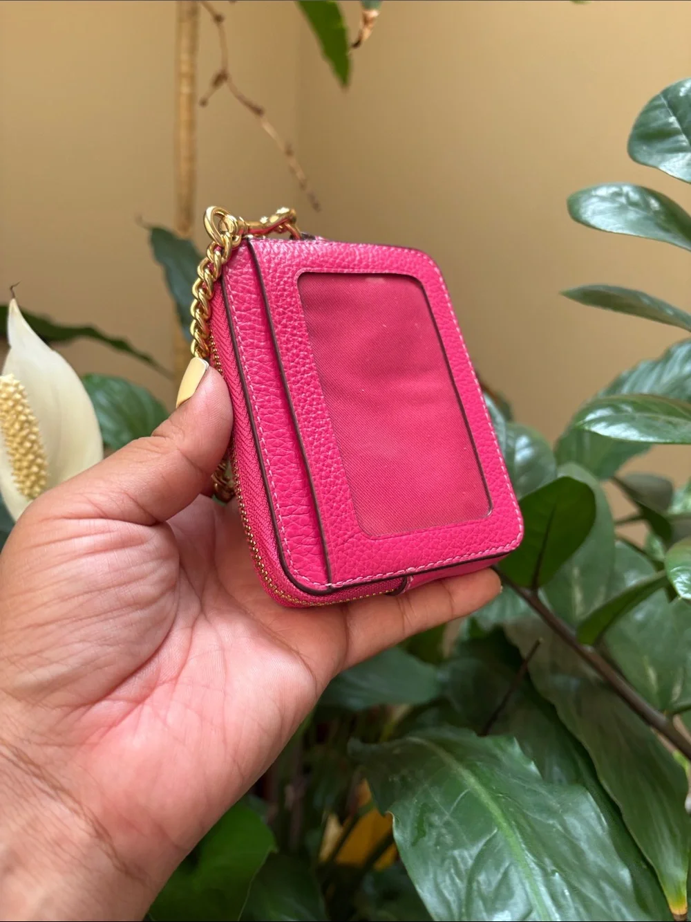 Coach Hot Pink Pebbled Leather Chain Card Case